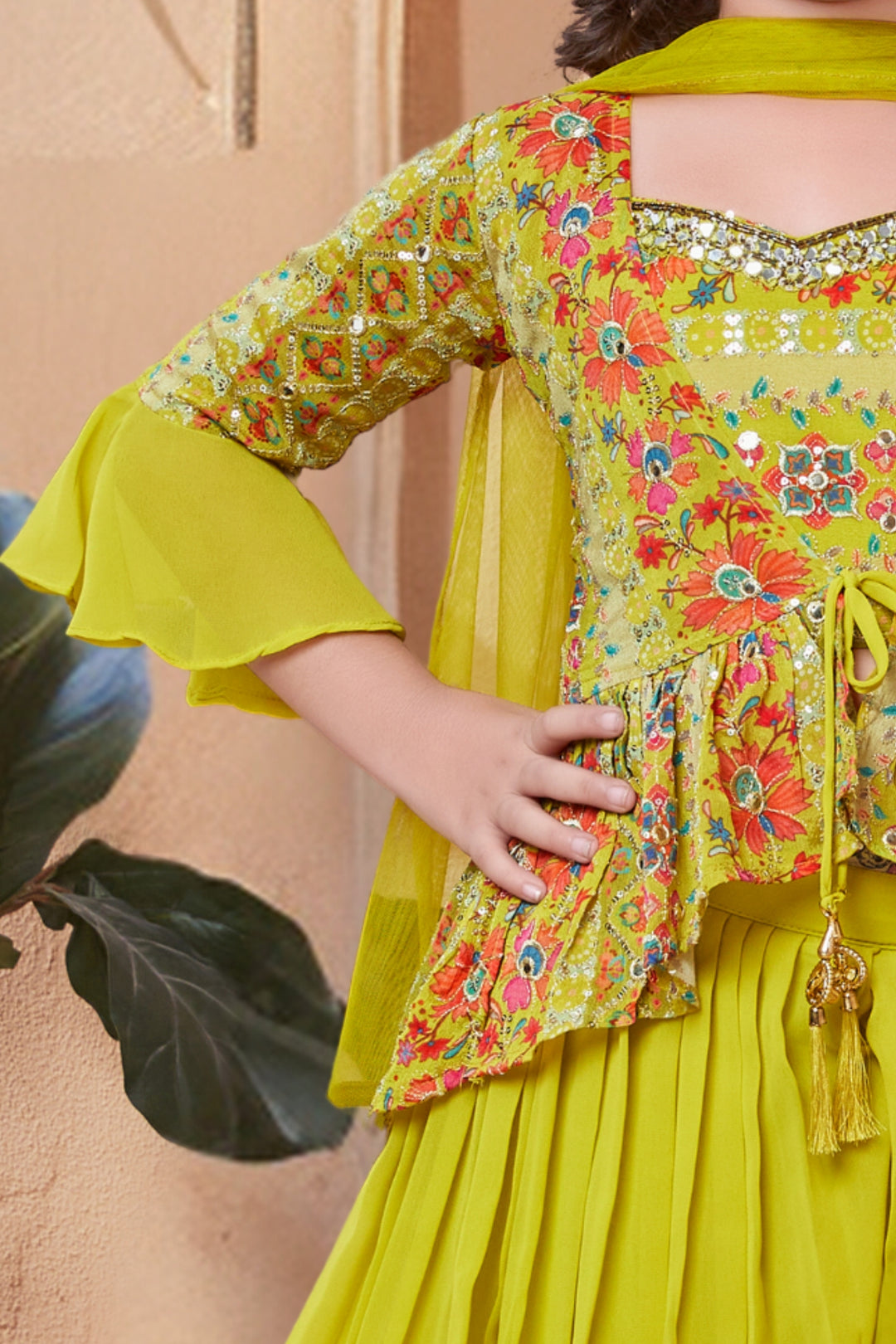 Lemon Green Sequins and Zari work with Digital Print Overcoat Styled Palazzo Set For Girls