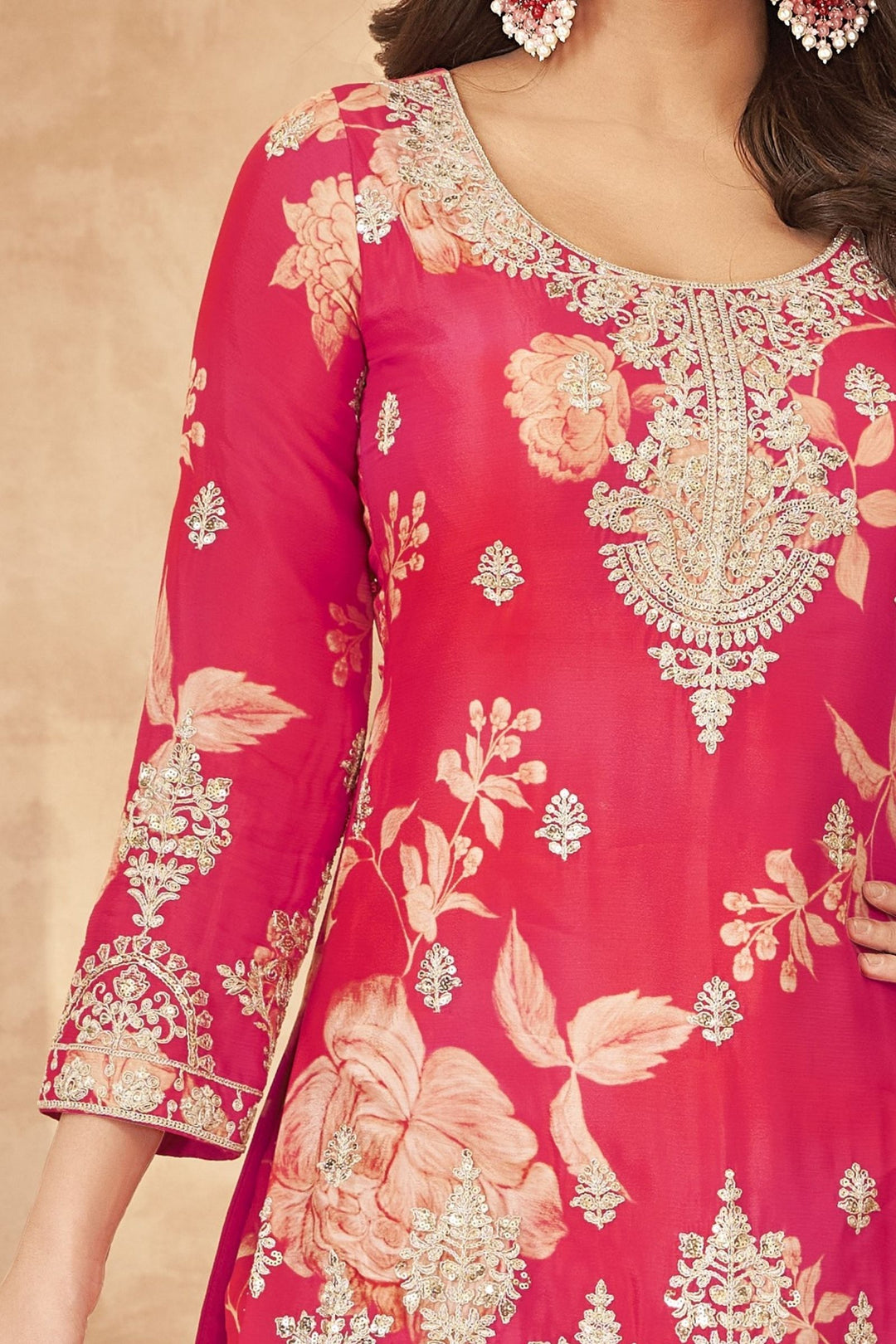 Pink with Orange Sequins and Zari work with Floral Print Sharara Salwar Suit