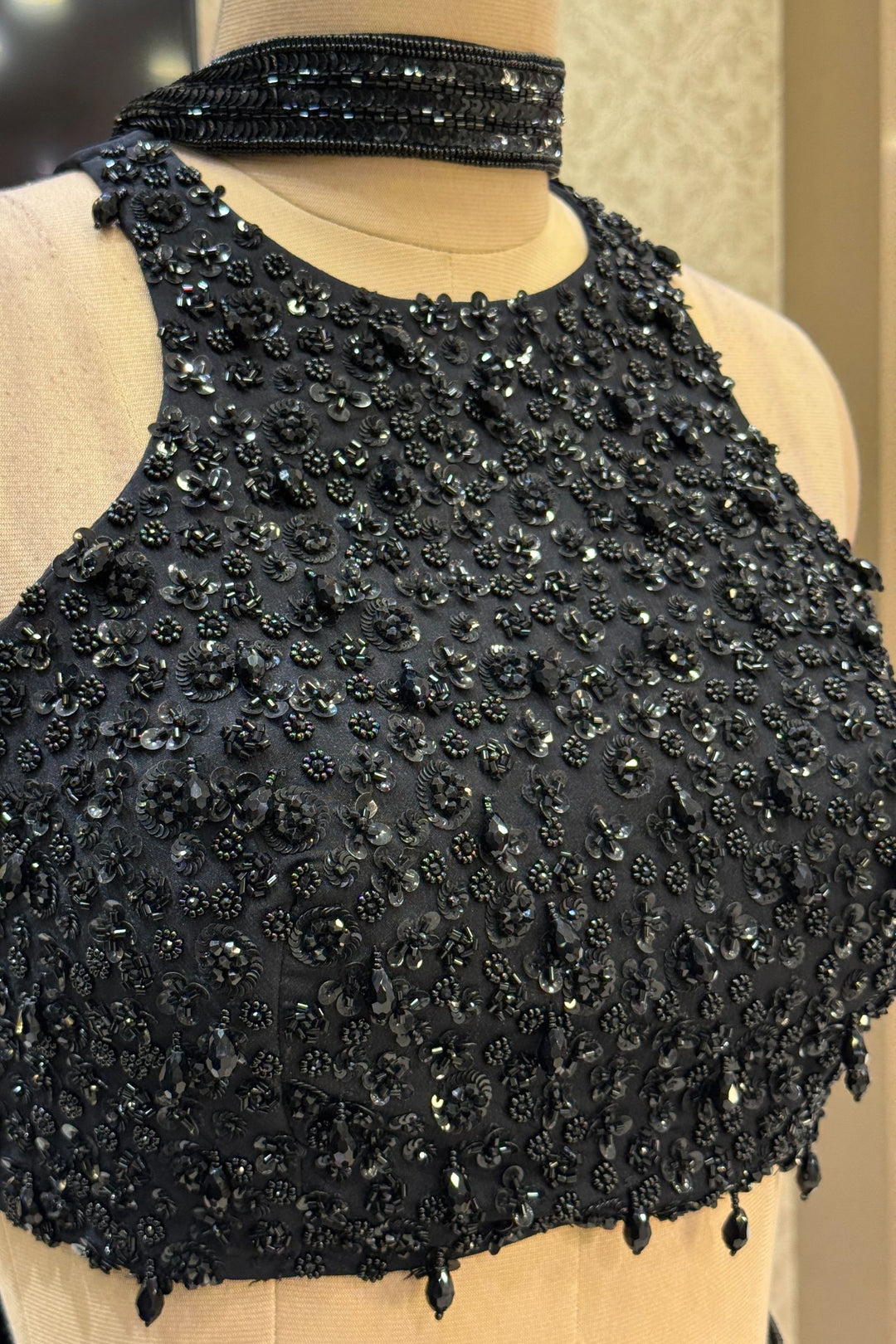 Black Beads and Sequins work Crop Top Lehenga