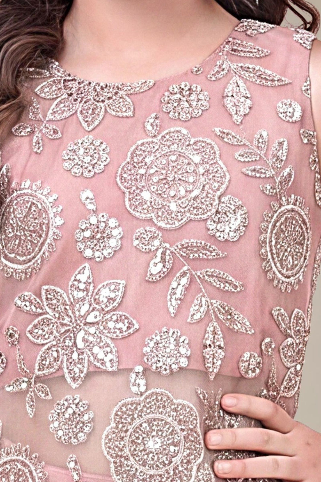 Onion Pink Zari, Beads and Sequins work Palazzo Suit Set for Girls