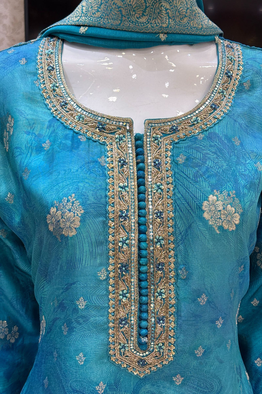 Rama Blue Mirror, Zardozi, Zari and Banaras work with Digital Print Straight Cut Salwar Suit