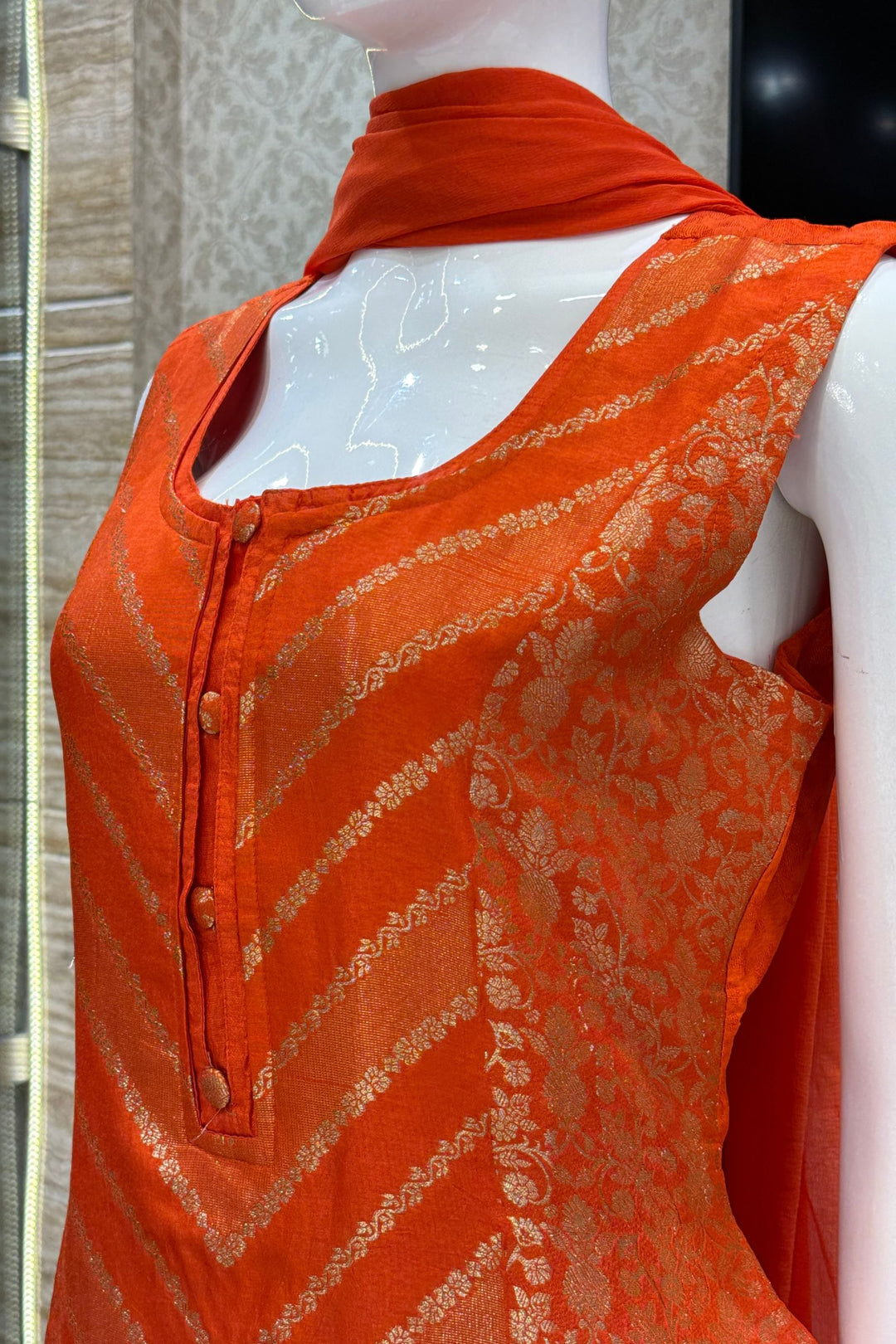 Orange Banaras work Straight Cut Salwar Suit