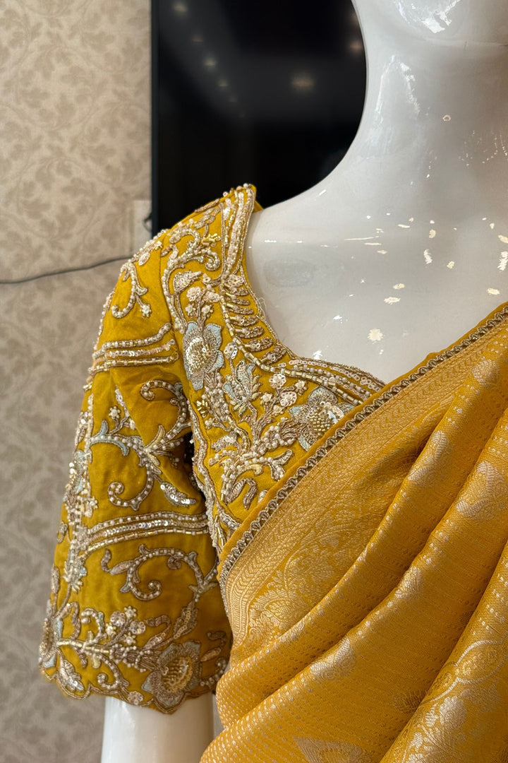 Yellow Zari work Saree with Pearl, Zardozi, Beads and Sequins work Readymade Blouse