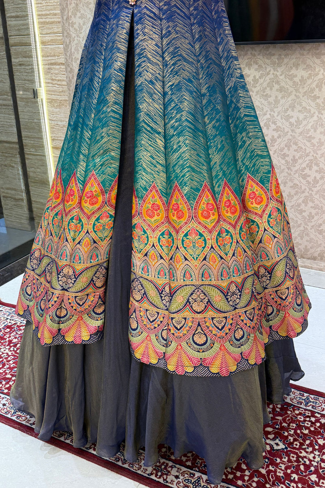 Blue with Rama Green Banaras work Mastani Styled Long Top Lehenga