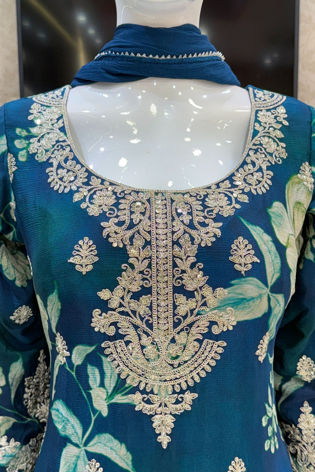 Peacock Blue Sequins and Zari work with Floral Print Sharara Salwar Suit