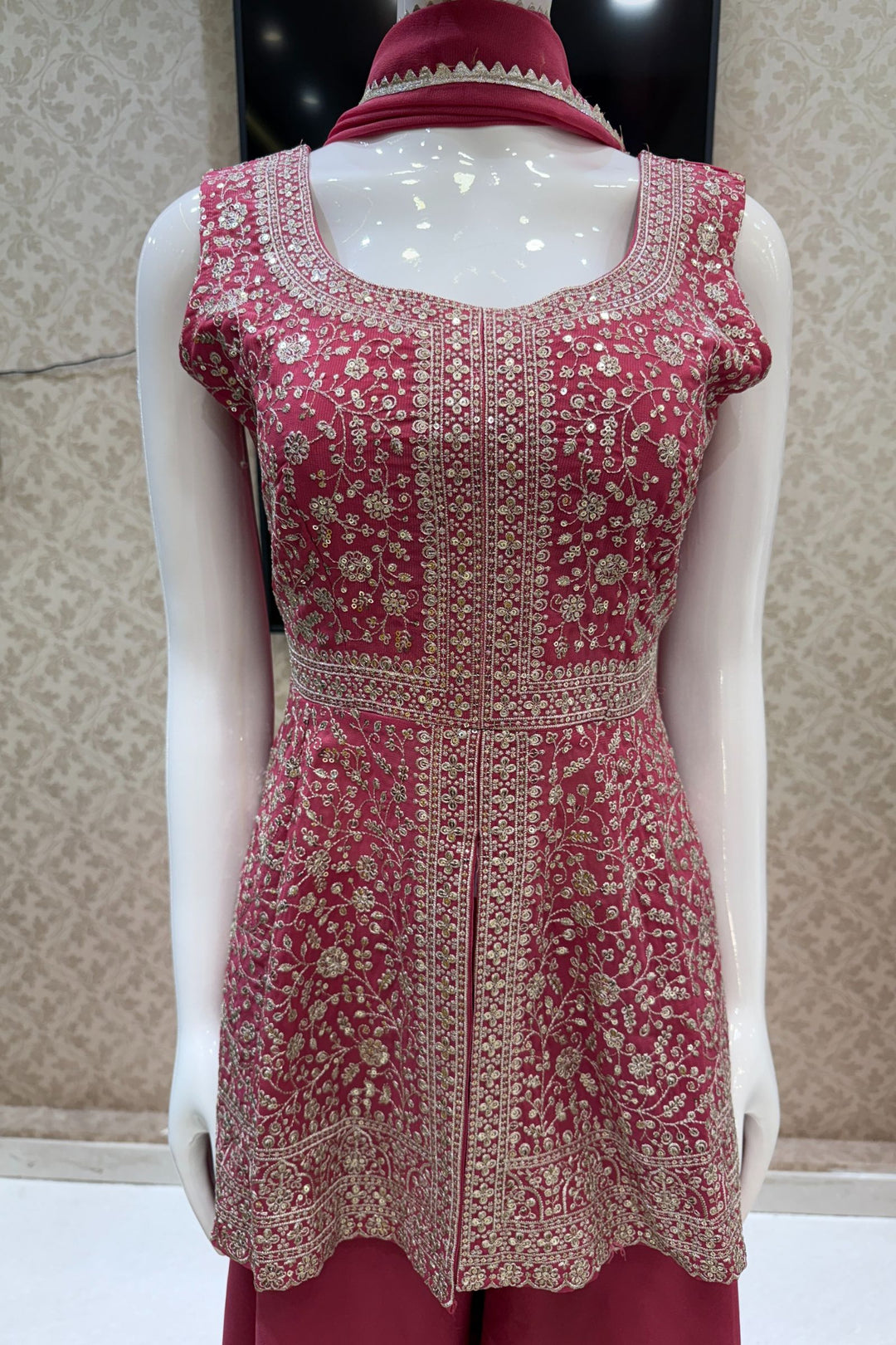 Dark Pink Silver Zari and Sequins work Peplum Top with Palazzo Suit Set