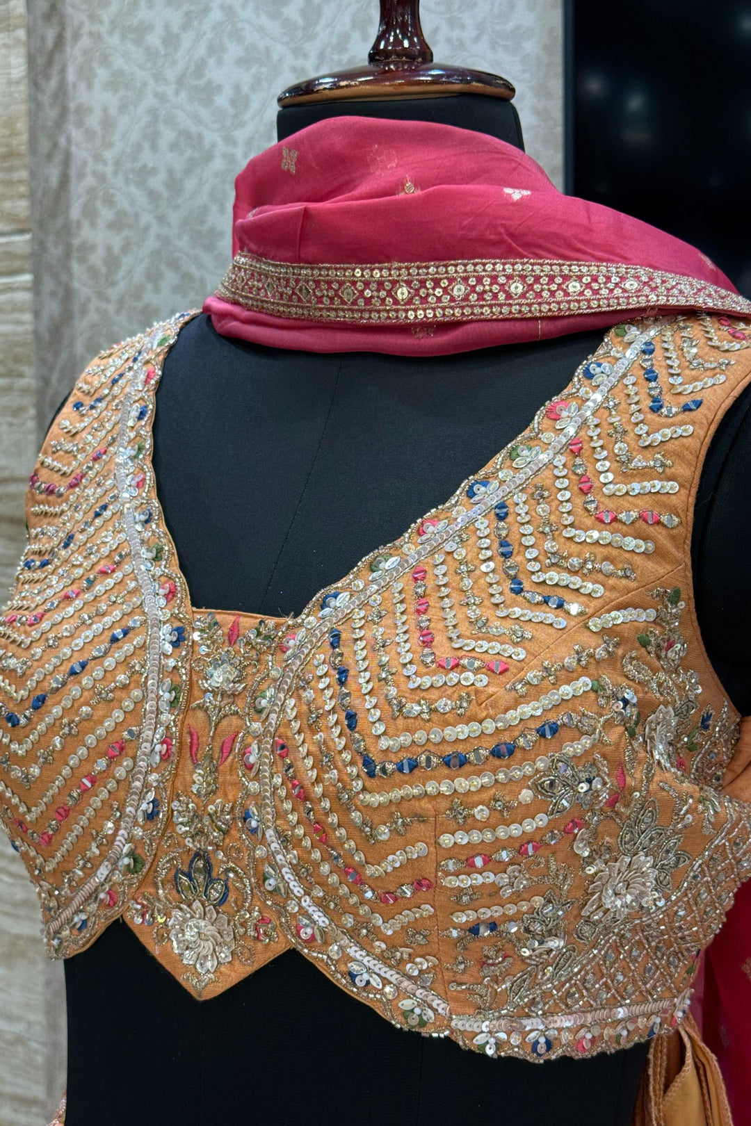 Peach Mirror, Beads, Zari and Sequins work with Floral Print Crop Top Lehenga