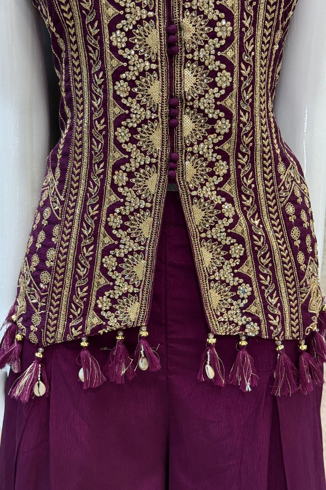 Wine Zari, Sequins, Stone and Beads work Top with Flared Palazzo Set