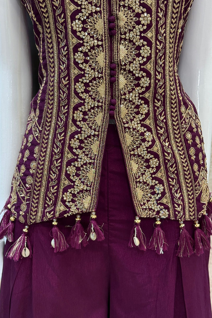 Wine Zari, Sequins, Stone and Beads work Top with Flared Palazzo Set
