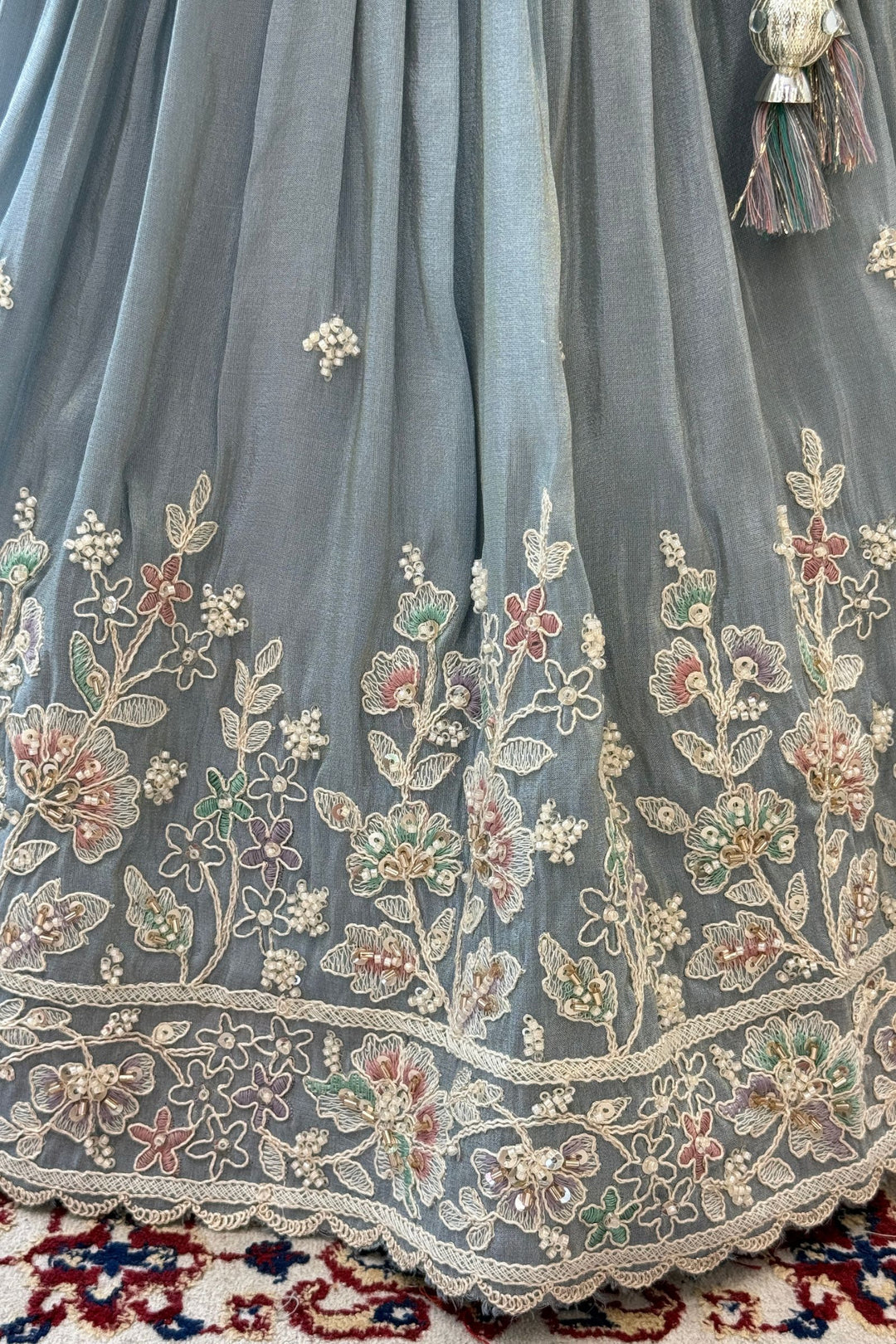 Sea Blue Thread, Beads, Stone and Mirror work Lehenga Choli for Girls
