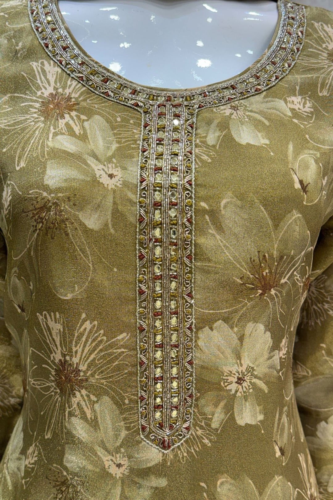 Olive Green Mirror, Zardozi and Banaras work with Floral Print Straight Cut Salwar Suit