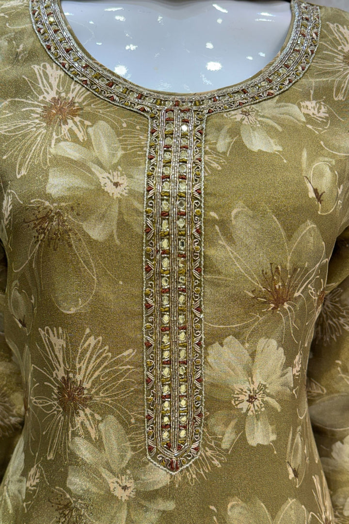 Olive Green Mirror, Zardozi and Banaras work with Floral Print Straight Cut Salwar Suit