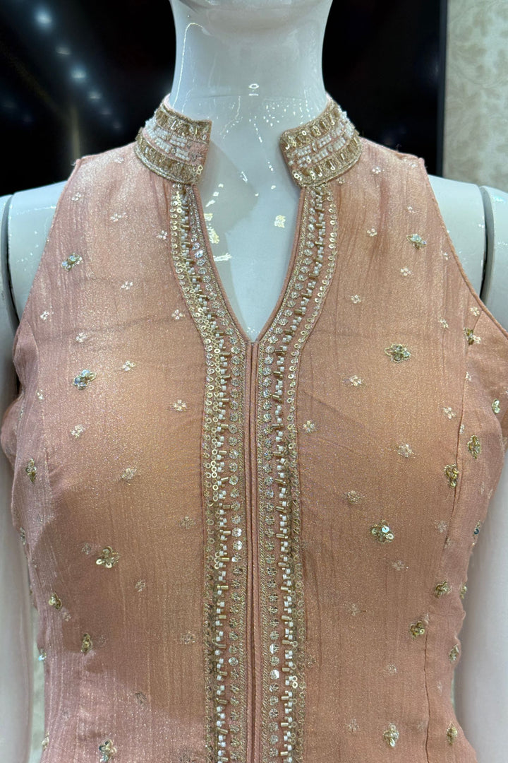 Peach Halter Neck Palazzo Salwar Suit with Zardozi, Beads, Sequins and Zari Detailing