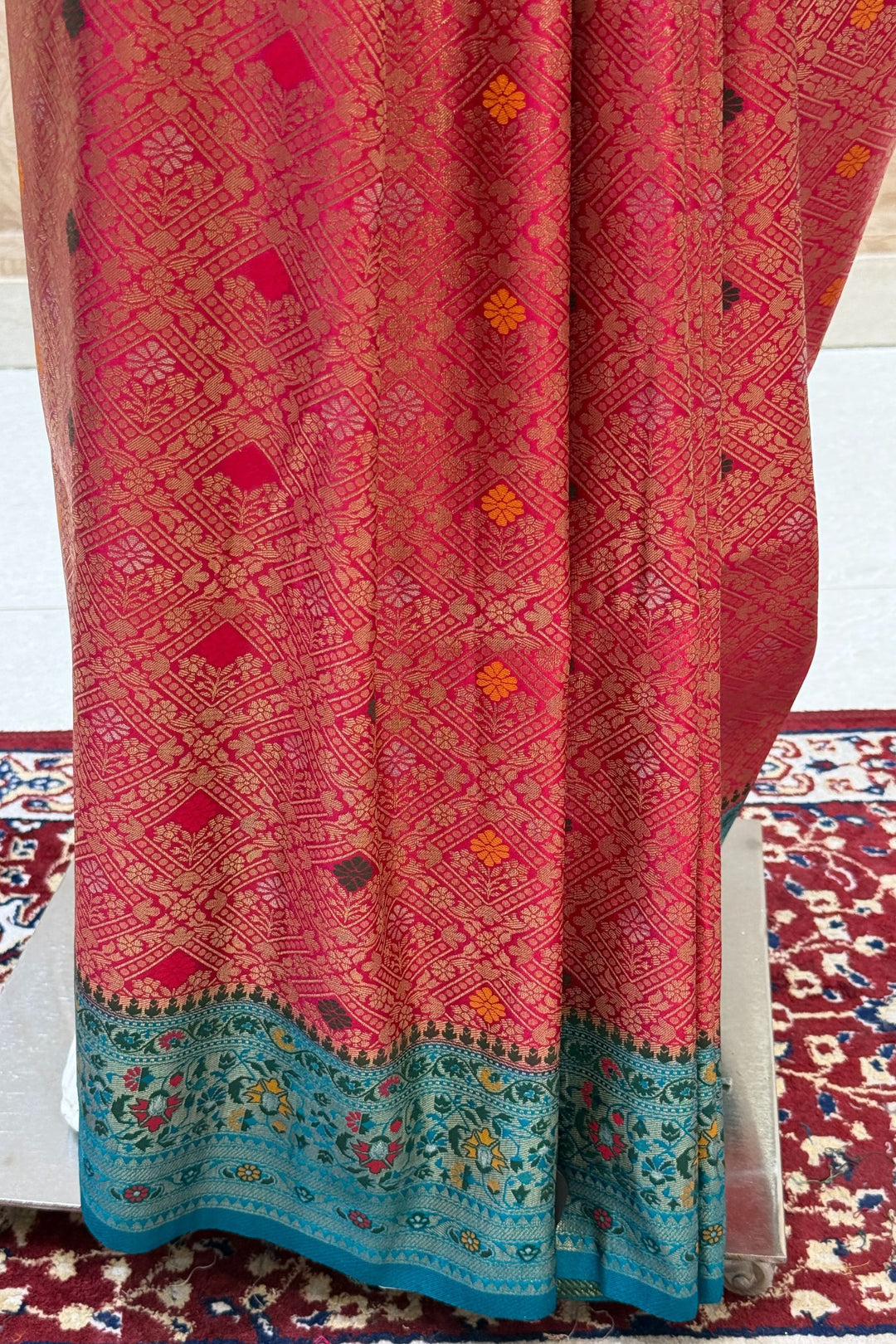 Rani Pink with Rama Blue Banaras work Saree