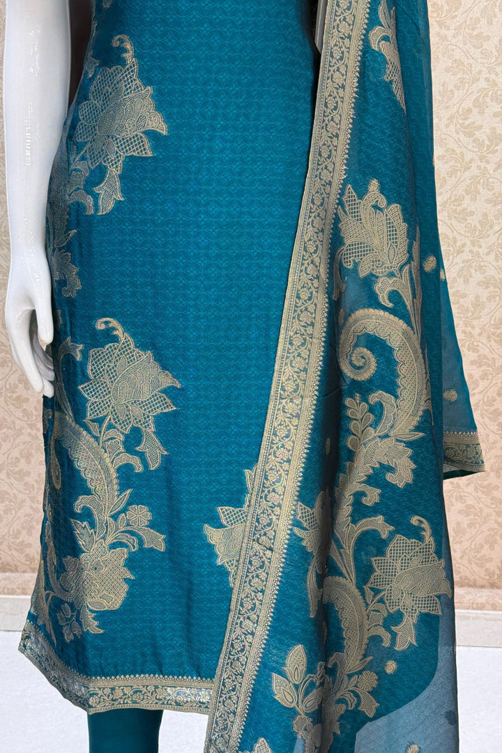 Peacock Green Banaras, Stone, Zardozi, Beads and Zari work Straight Cut Salwar Suit