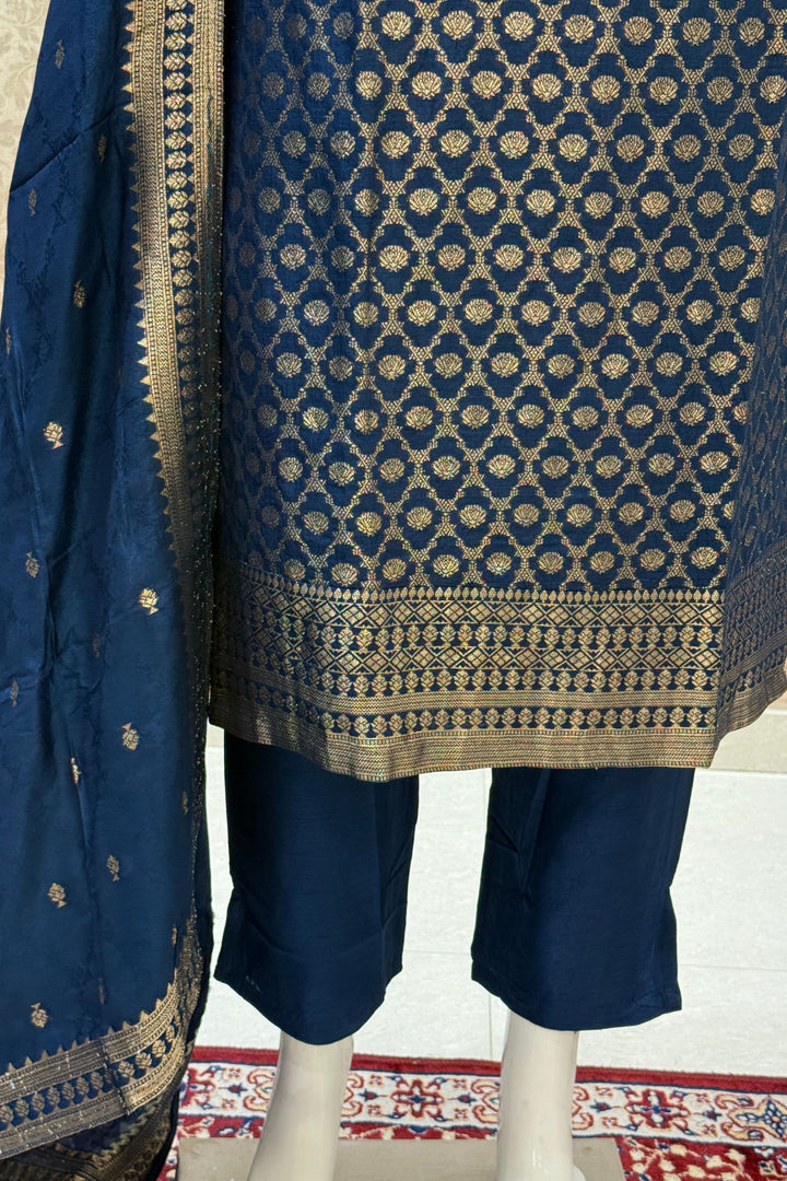 Teal Blue Banaras work V-Neck Straight Cut Salwar Suit