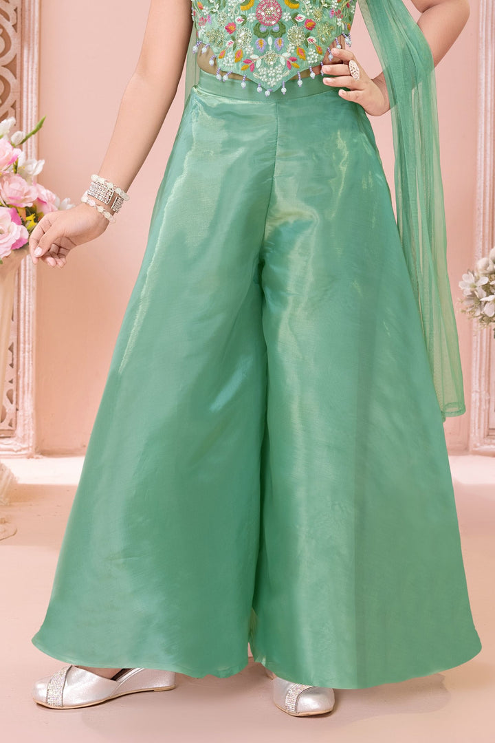 Sea Green Sequins, Beads and Multicolor Embroidery work Palazzo Suit Set for Girls