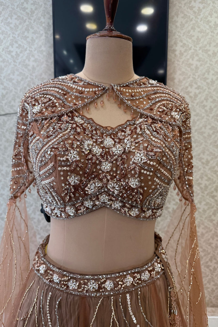 Designer Copper Brown Lehenga with Intricate Beads, Stone and Sequins work