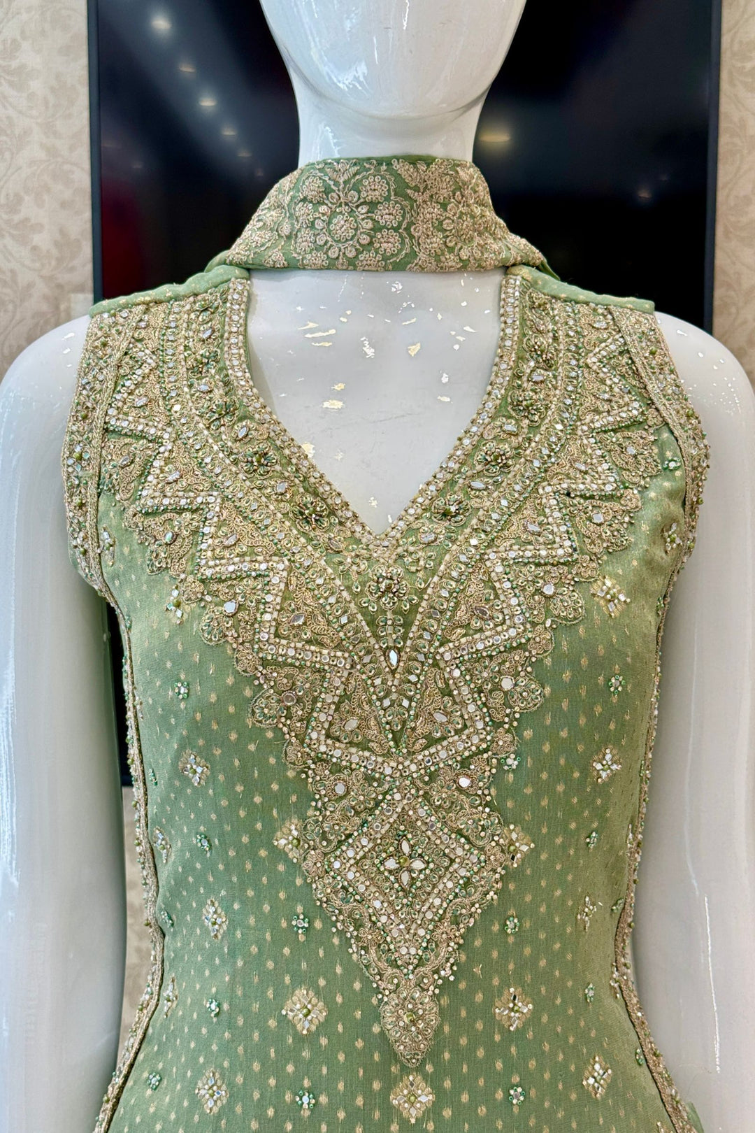 Pista Green Palazzo Salwar Suit with Banaras, Mirror, Zardozi, Zari and Embroidery Detailing