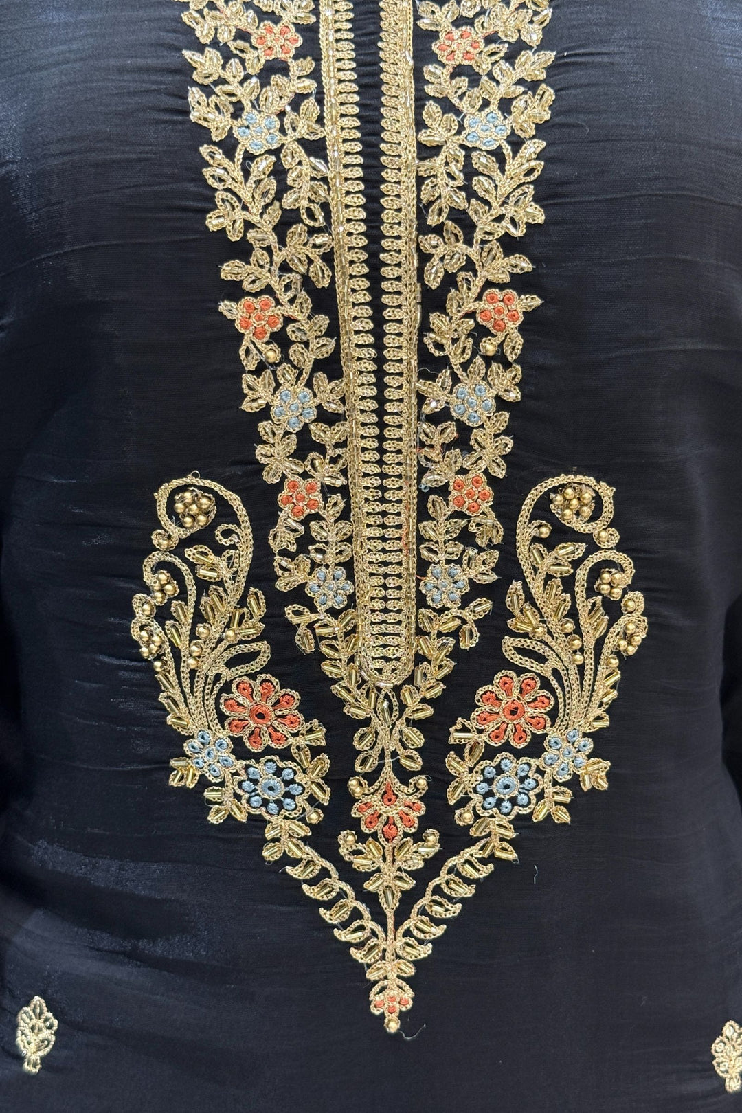 Black Beads, Zari, Sequins and Thread work with Floral Print Straight Cut Salwar Suit