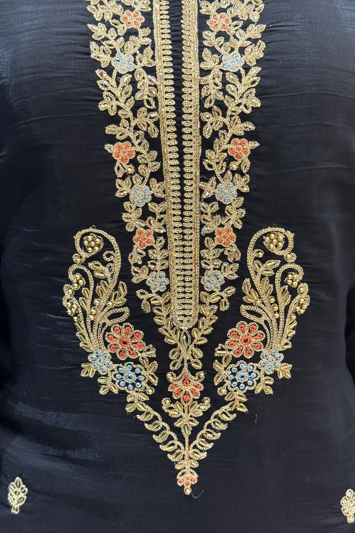 Black Beads, Zari, Sequins and Thread work with Floral Print Straight Cut Salwar Suit