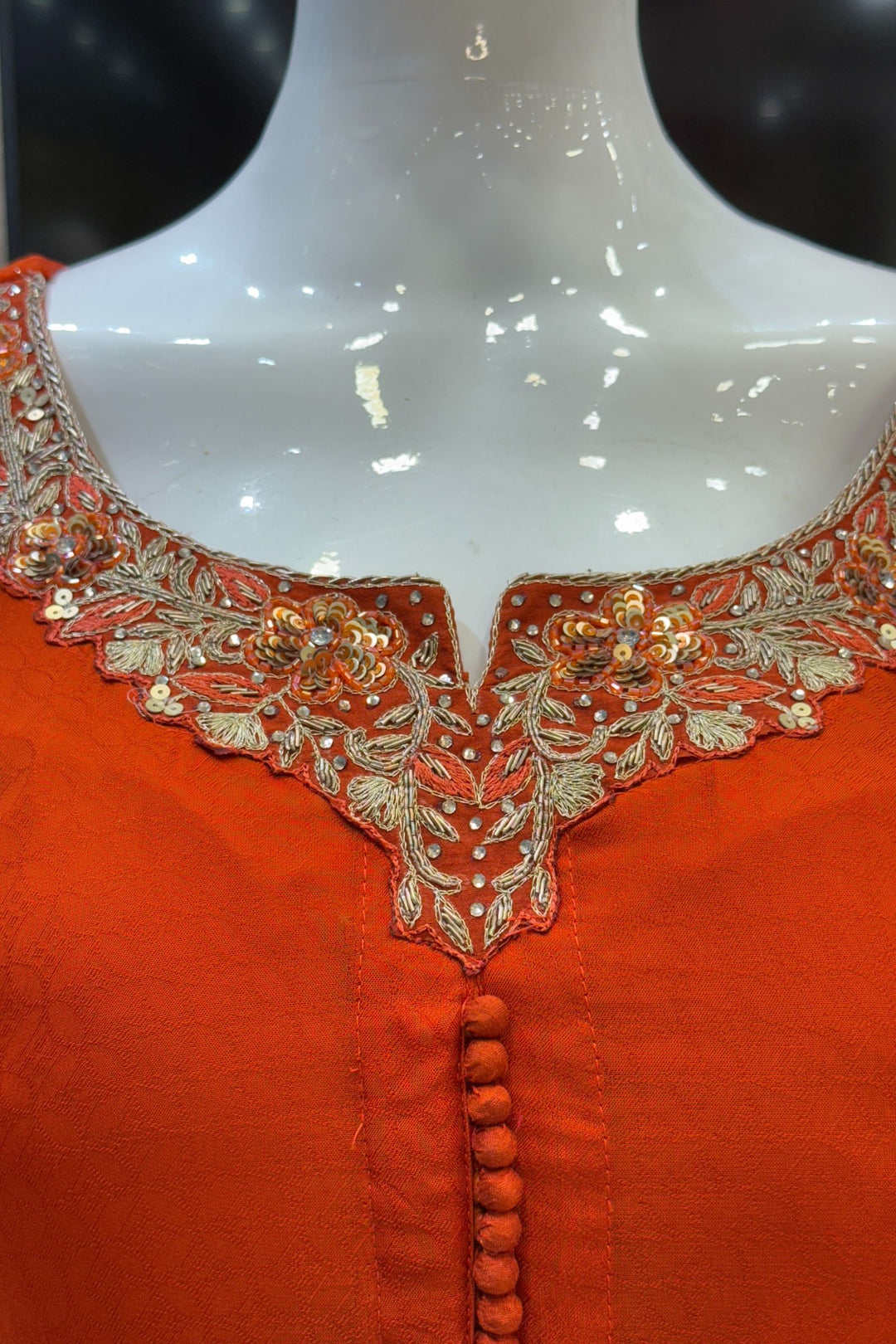 Orange Banaras, Stone, Zardozi, SEquins, Beads and Zari work Straight Cut Salwar Suit