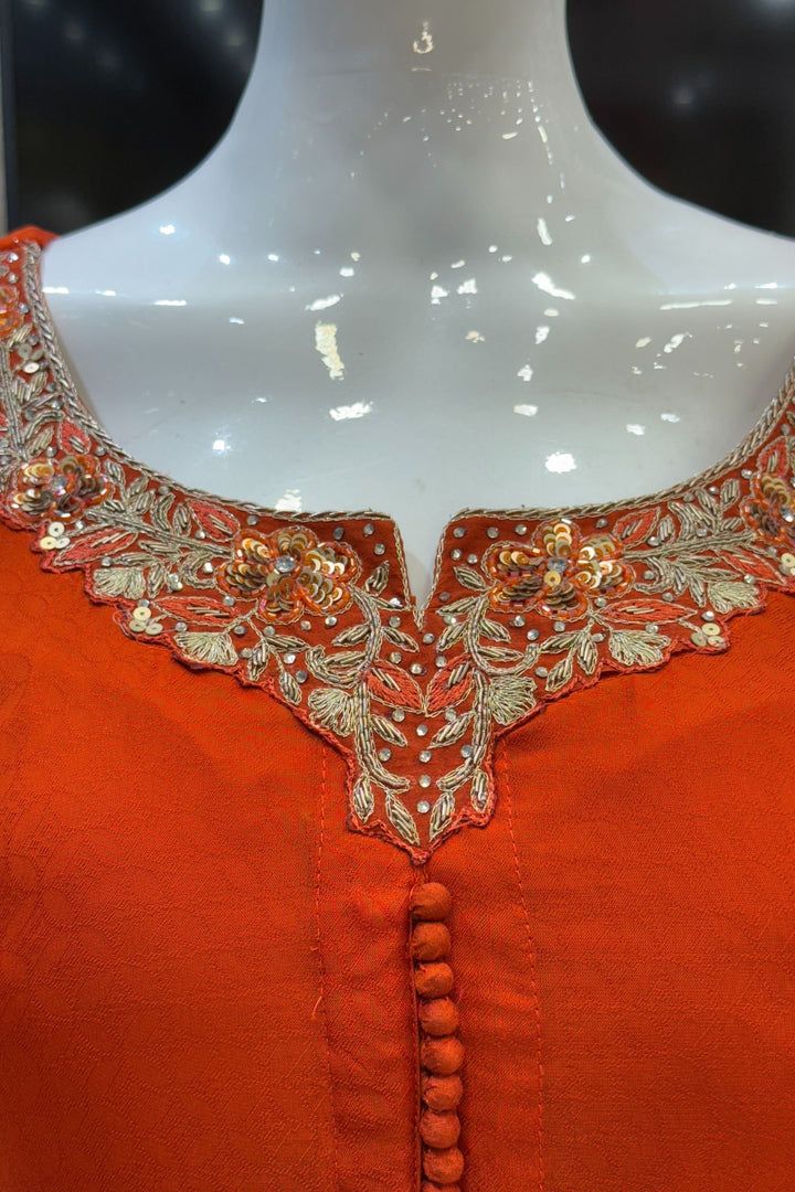 Orange Banaras, Stone, Zardozi, SEquins, Beads and Zari work Straight Cut Salwar Suit