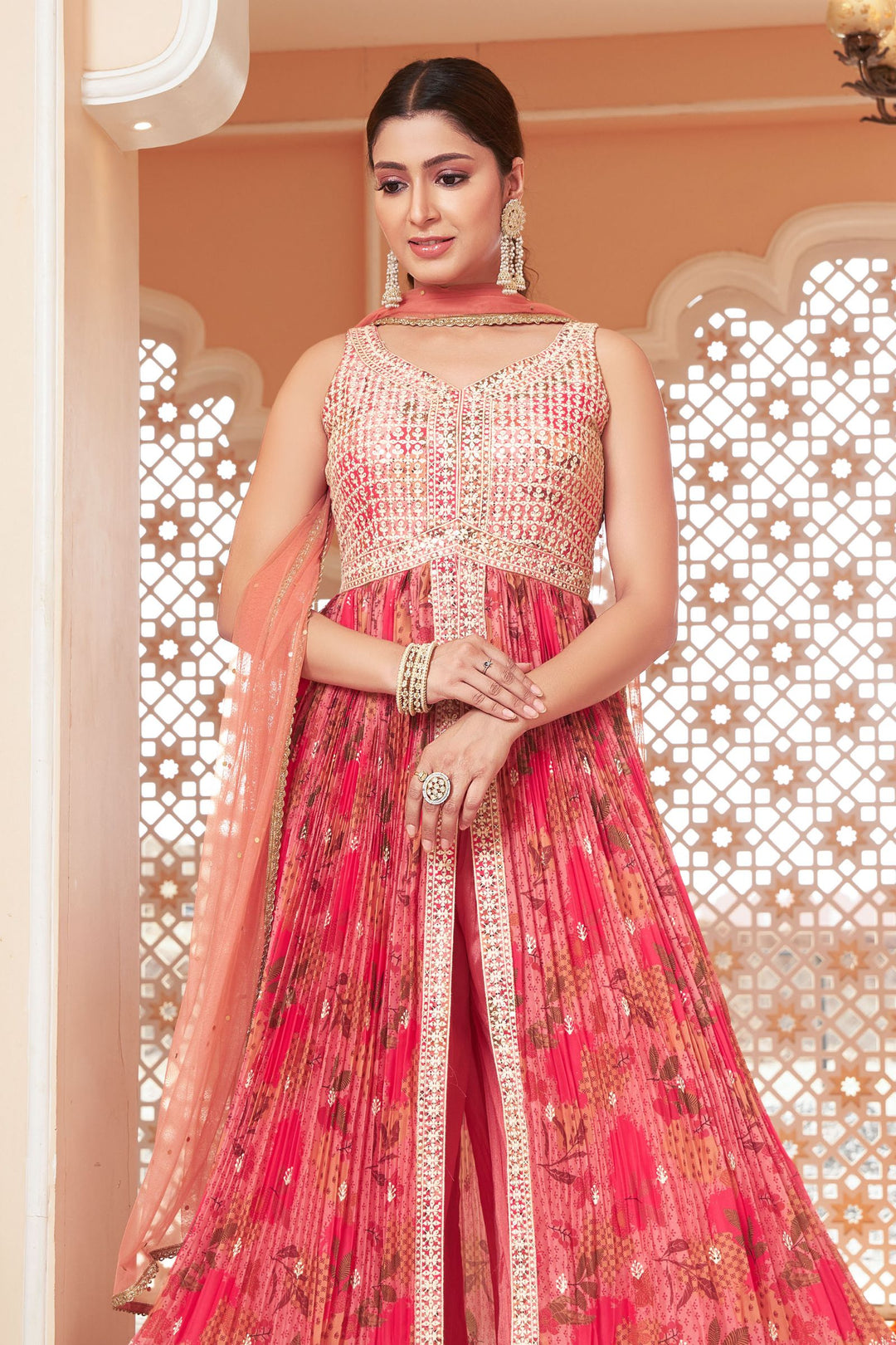 Peach Sequins and Thread work with Digital Print Salwar Suit with Palazzo Pants