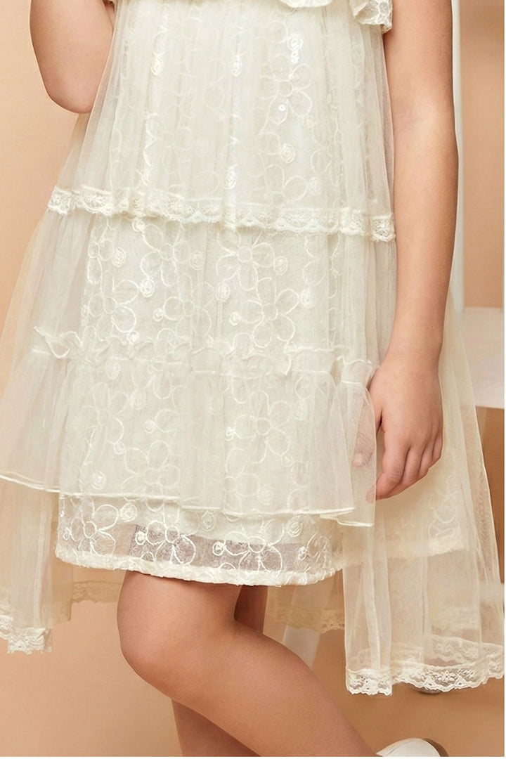 Cream Thread and Sequins work Short Partywear Frock For Girls