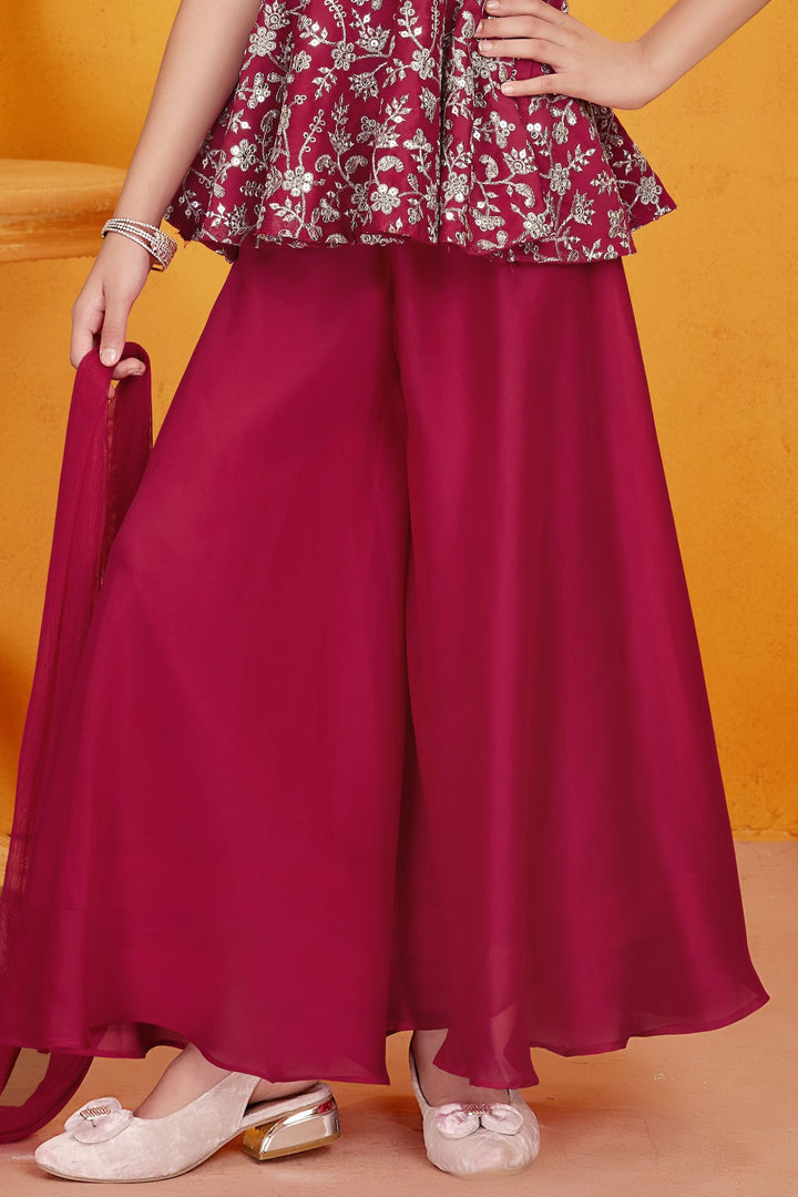 Red Silver Zari, Sequins and Stone work Peplum Styled Palazzo Set For Girls