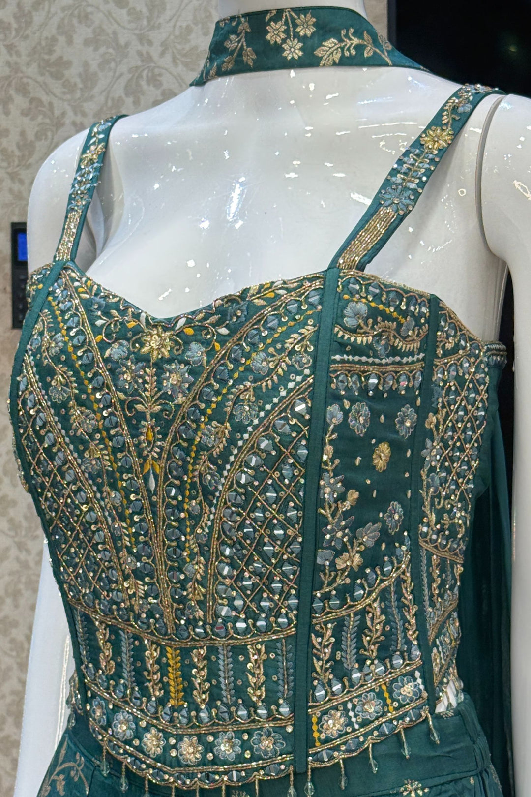 Green Zardozi, Mirror, Beads, Sequins, Thread, Zari and Stone work Palazzo Suit Set