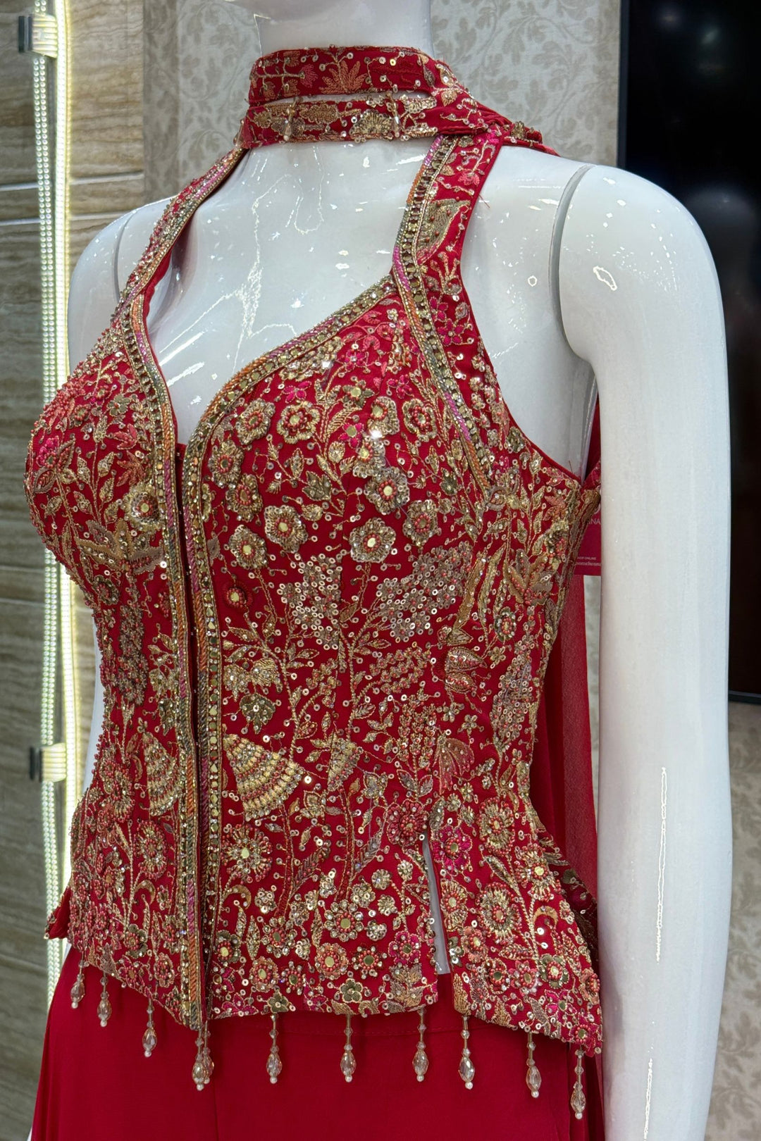 Red Mirror, Stone, Beads, Sequins, Thread and Zari work Palazzo Salwar Suit