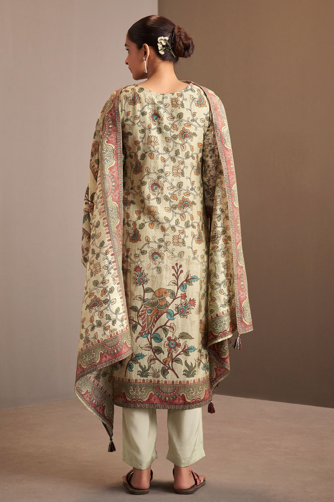 Beige Beads and Sequins work with Digital Print Straight Cut Salwar Suit