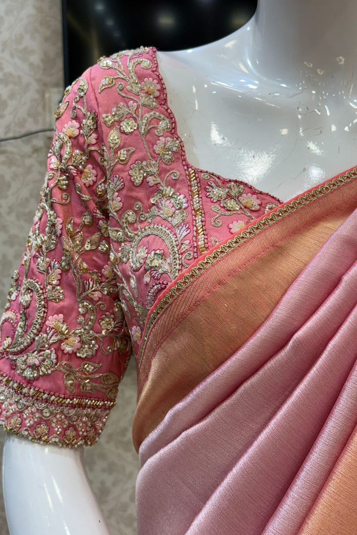 Baby Pink Saree with Beads, Sequins, Zardozi and Zari work Readymade Blouse