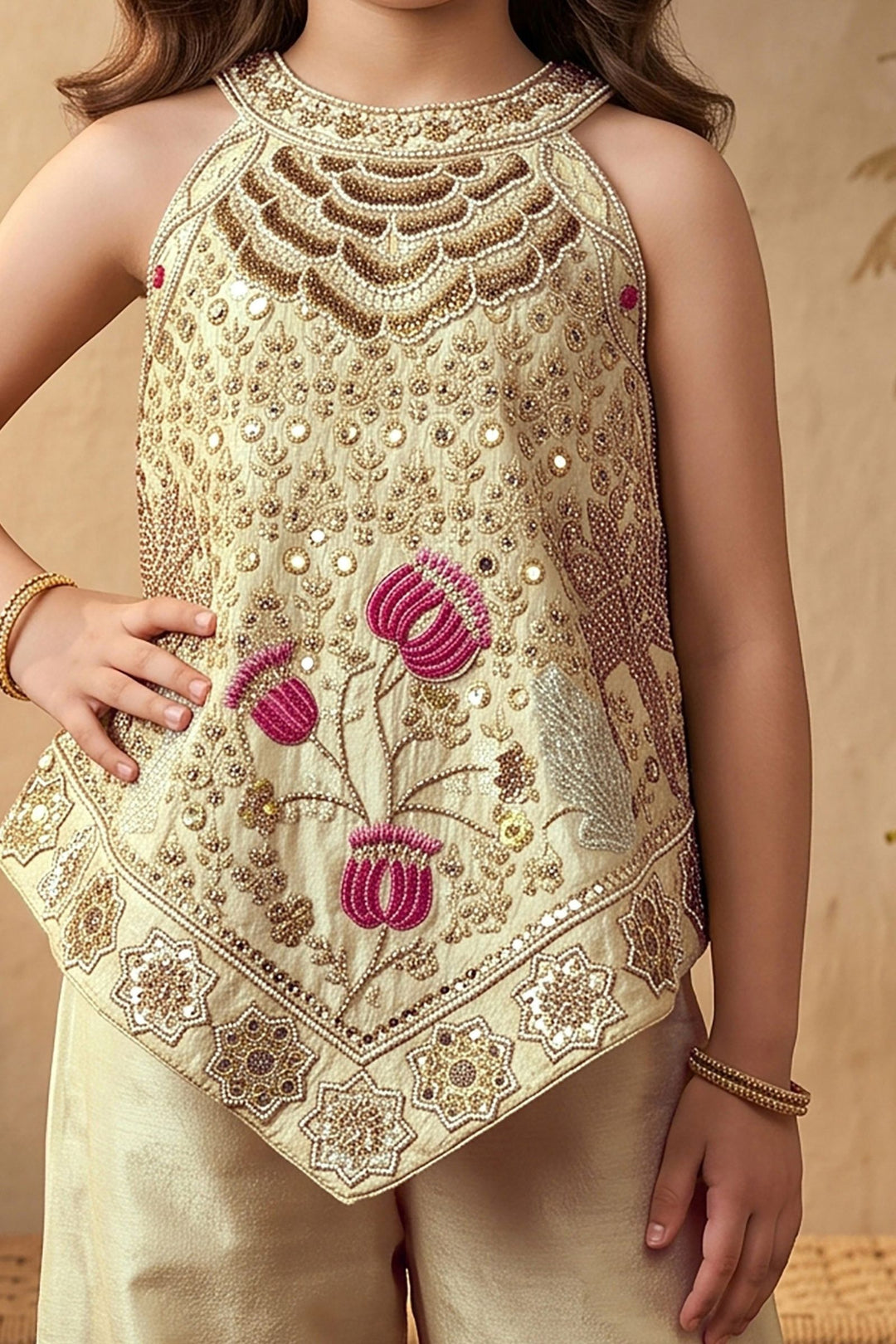 Beige Beads, Zari and Sequins work Palazzo Suit Set for Girls