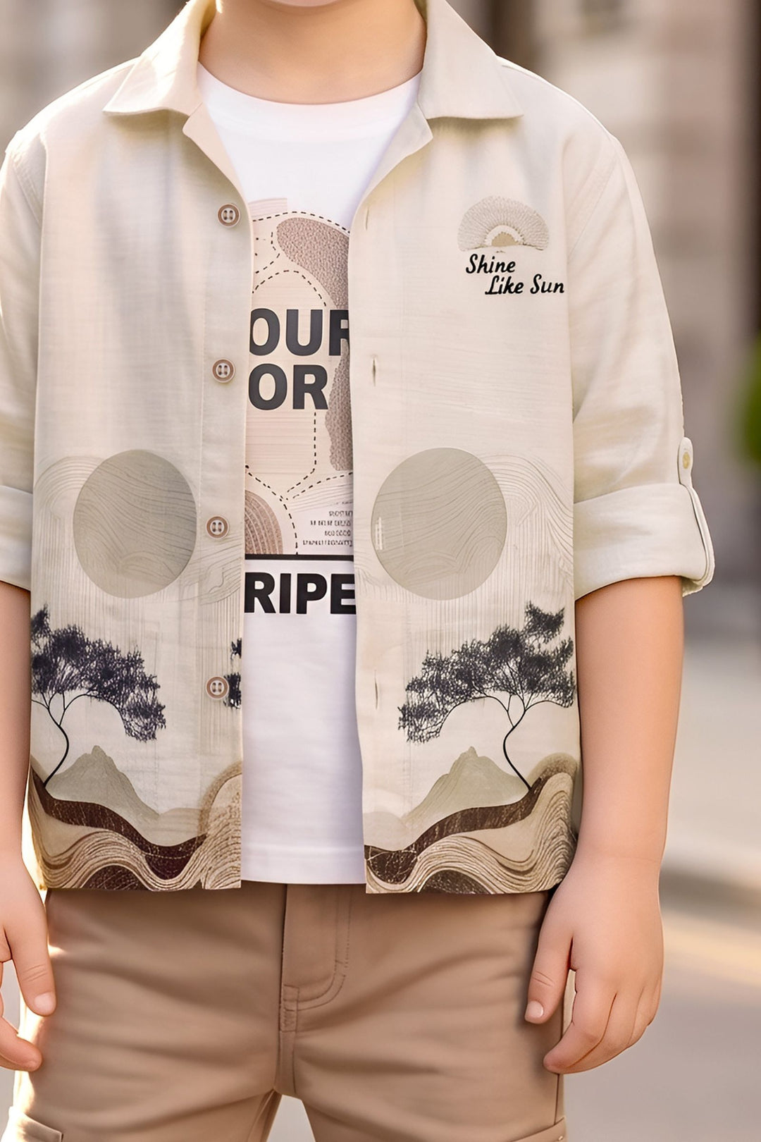 Fawn with Light Brown Blazer, Printed T-Shirt and Pant Set for Boys