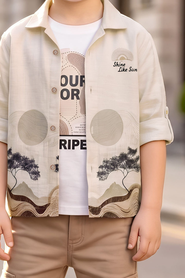 Fawn with Light Brown Blazer, Printed T-Shirt and Pant Set for Boys