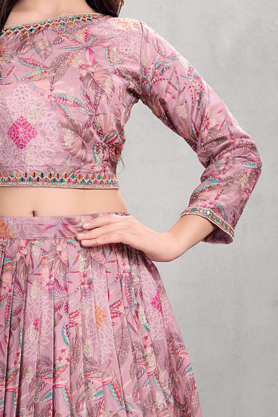 Lilac Mirror, Sequins and Zari work with Multicolor Digital Print Lehenga Choli for Girls