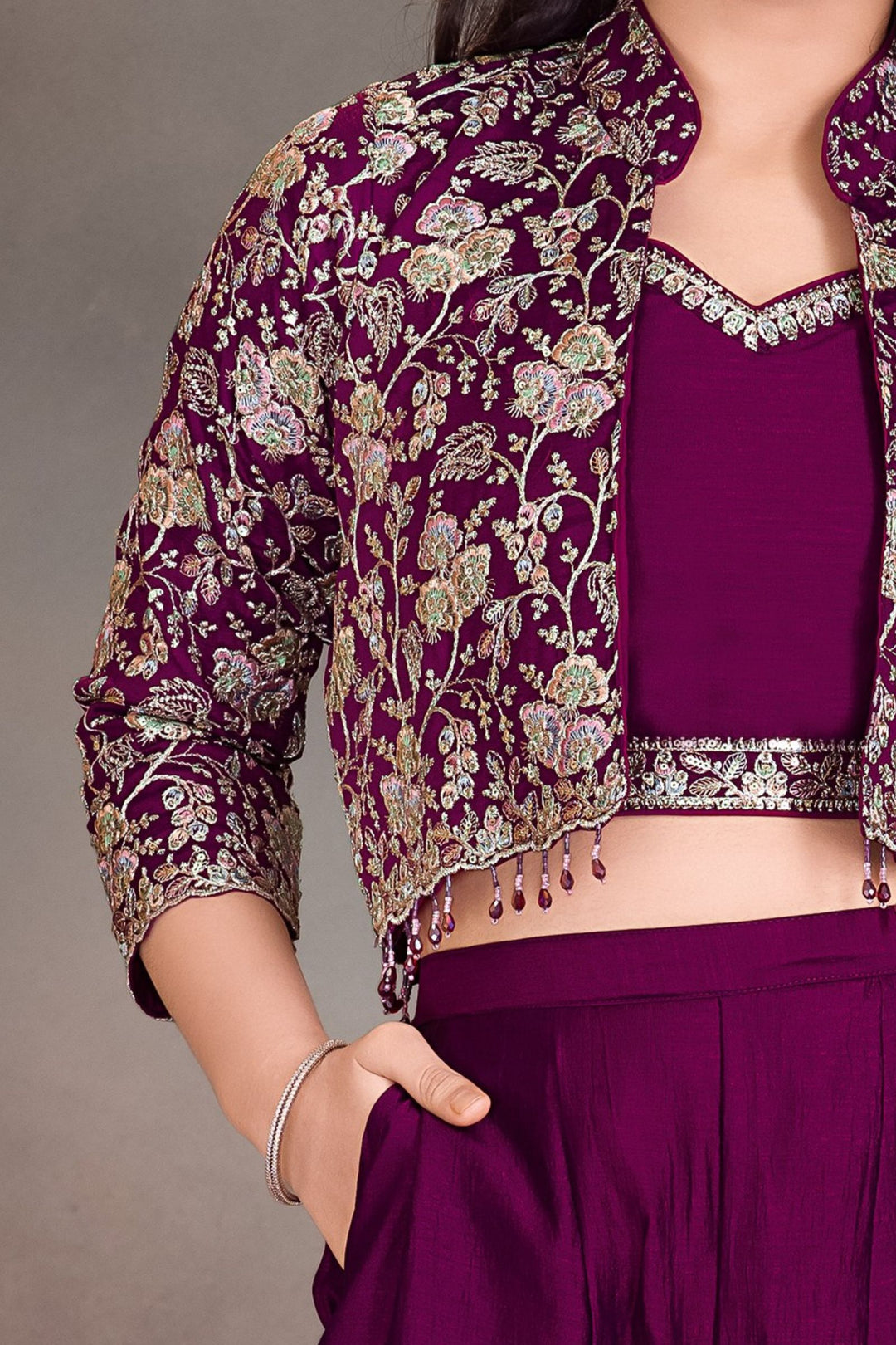 Wine Multicolor Embroidery, Zari, Sequins and Beads work Jacket Styled Palazzo Set for Girls