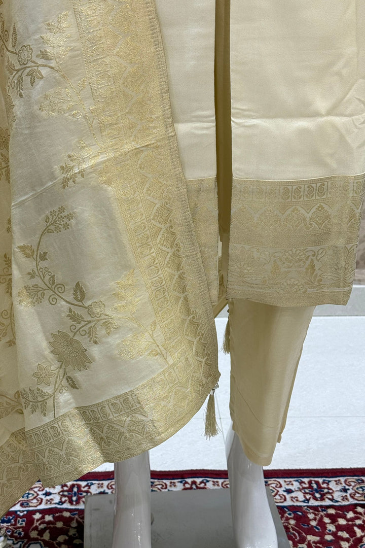 Cream Straight Cut Salwar Suit with Stone, Mirror and Banaras work