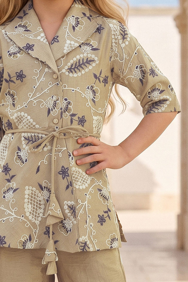Beige Embroidery work Top with Palazzo Set for Girls