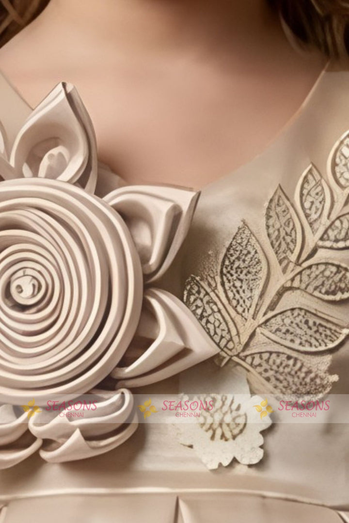 Beige Beads work Short Partywear Frock for Girls