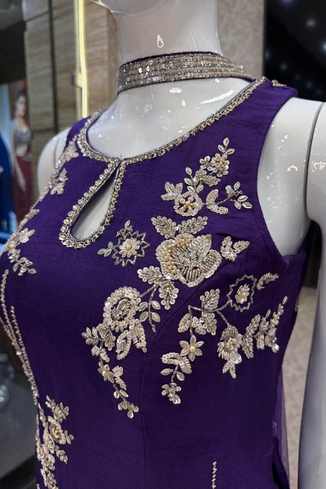 Purple Zardozi, Stone, Beads, Sequins and Pearl work Palazzo Salwar Suit
