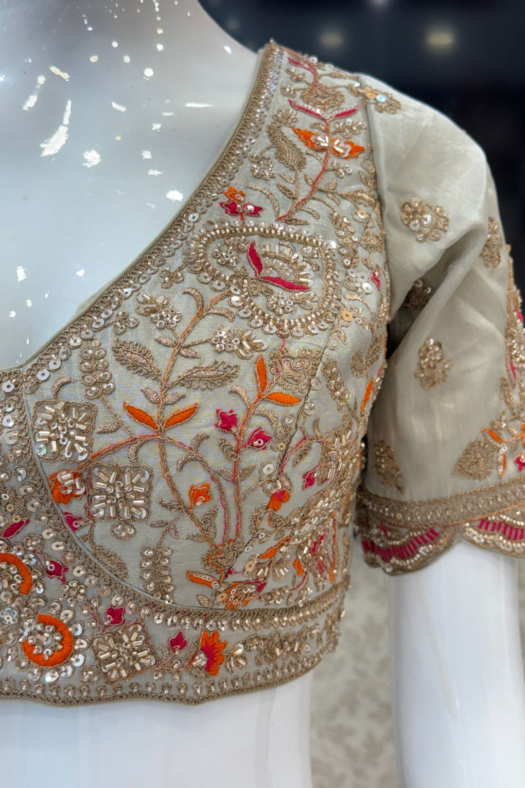 Light Grey Zari, Beads, Sequins and Multicolor Embroidery work Crop Top Designer Bridal Lehenga