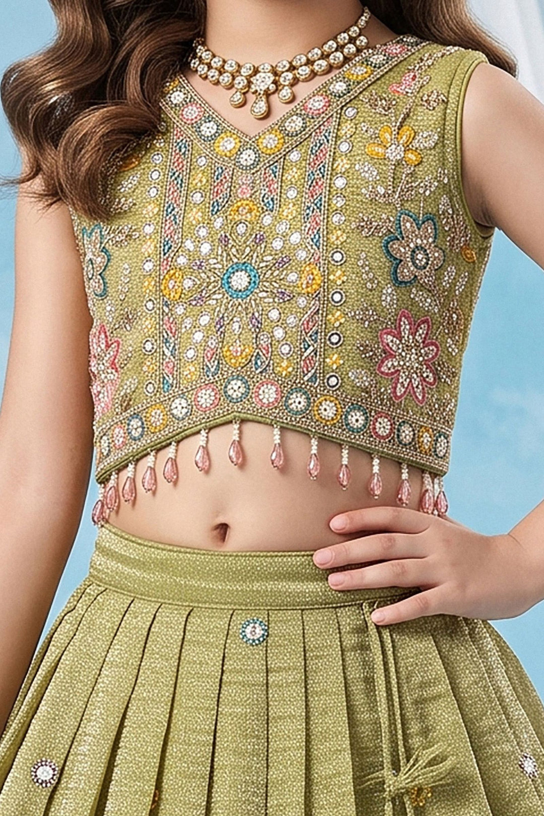 Pista Green Embroidery, Zari, Sequins and Beads work Lehenga Choli for Girls