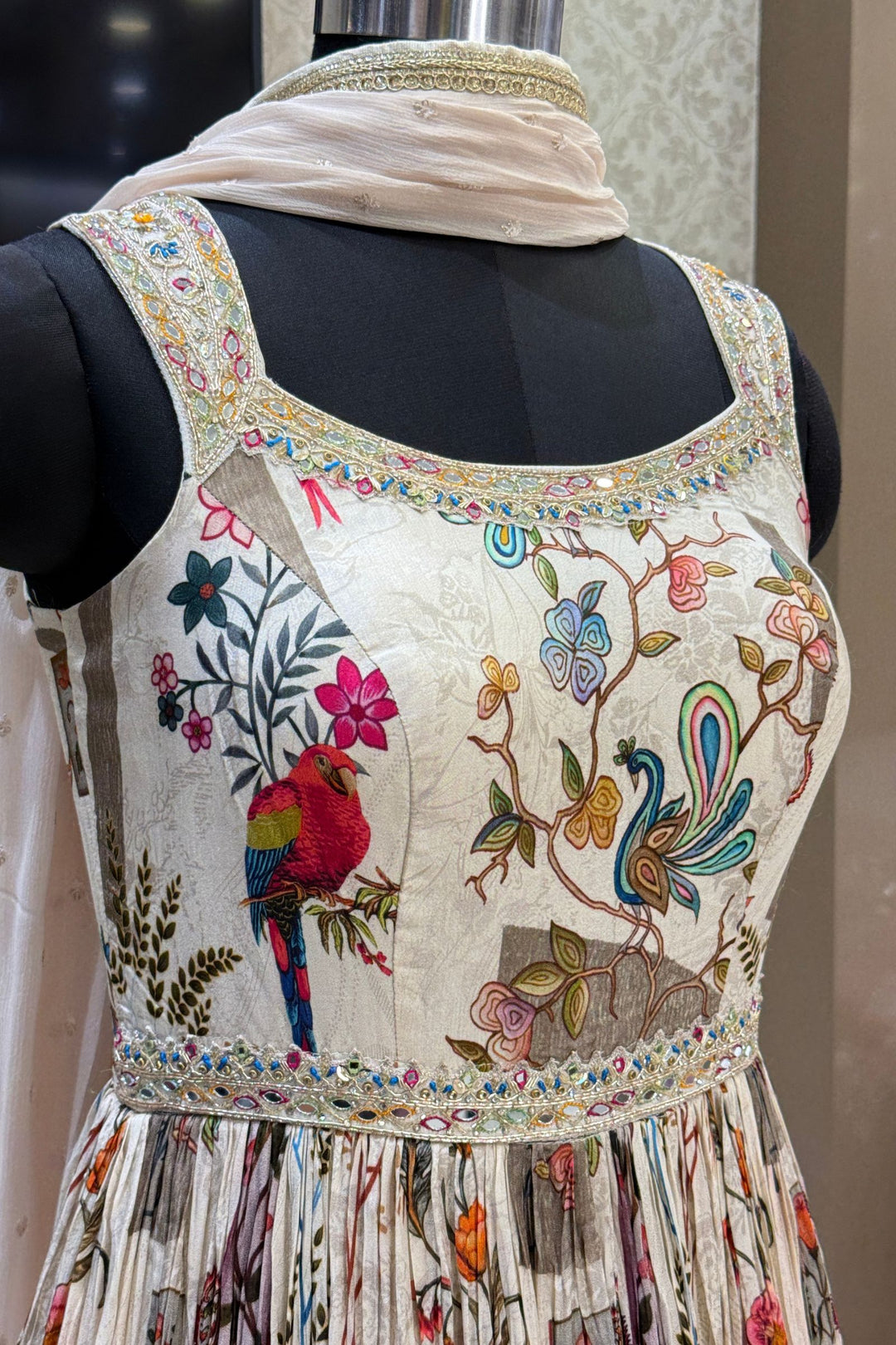Cream Mirror, Zardozi, Zari and Banaras work with Digital Print Floor Length Anarkali Suit