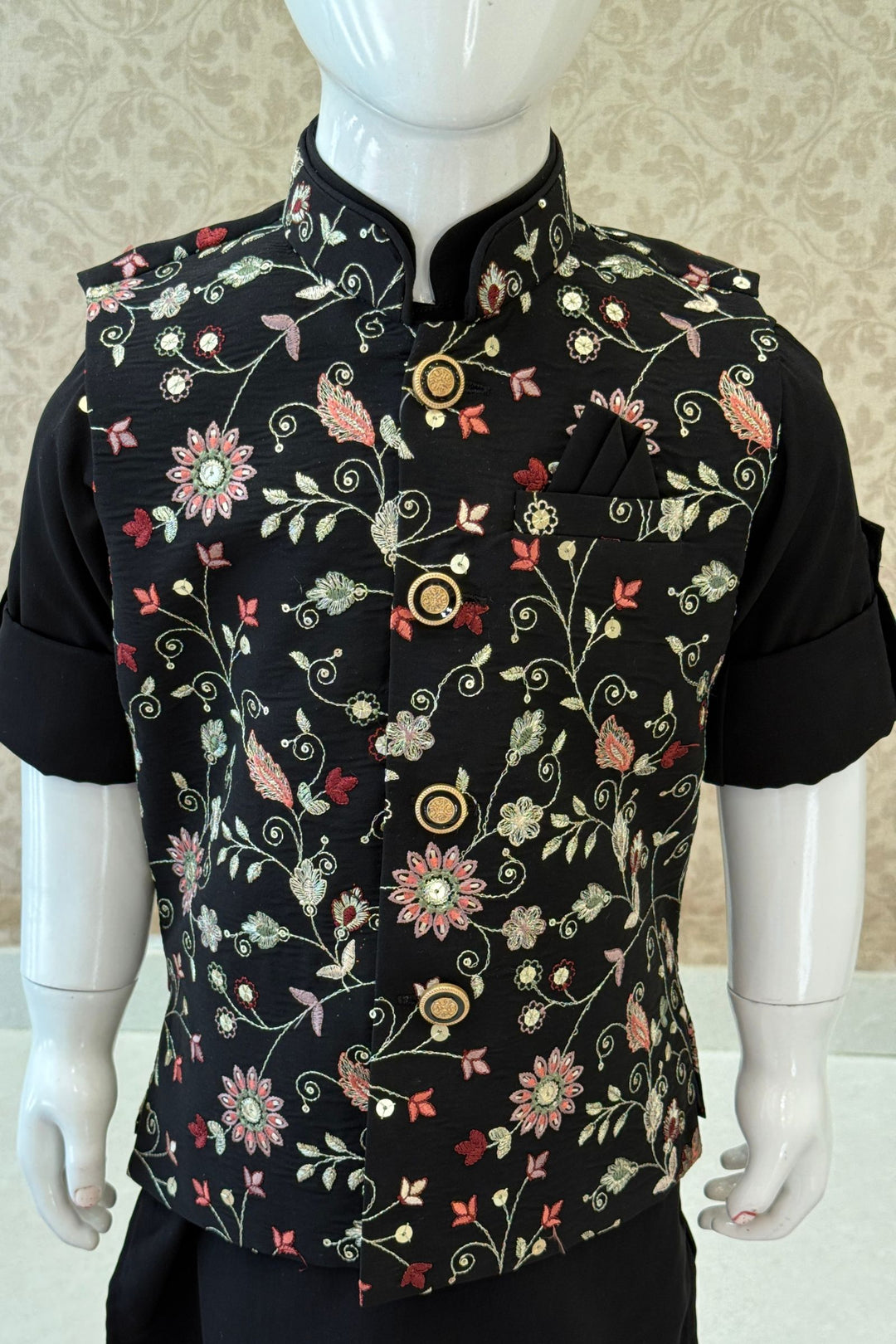 Black Zari, Sequins and Multicolor Thread work Waist Coat Kurta Set for Boys