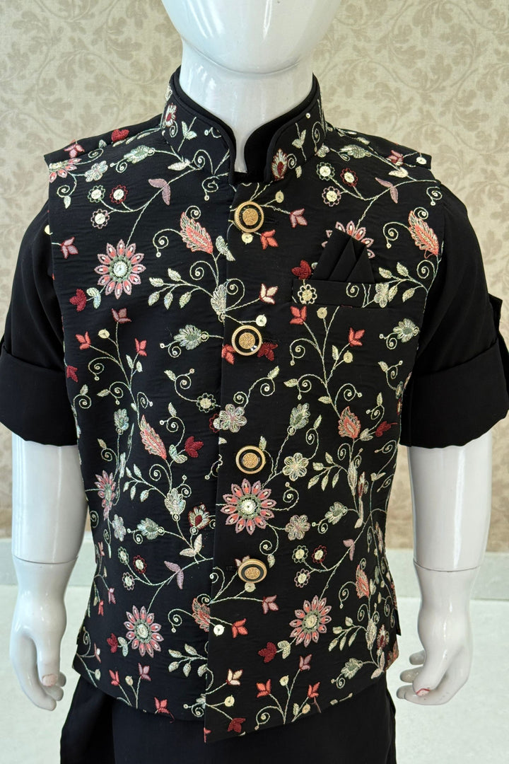 Black Zari, Sequins and Multicolor Thread work Waist Coat Kurta Set for Boys