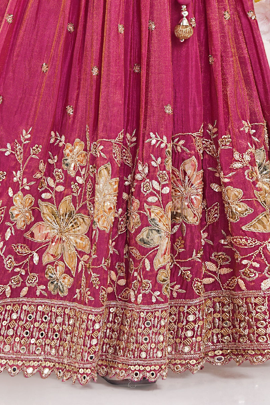 Rani Pink Sequins, Beads and Stone work with Floral Print Lehenga Choli for Girls