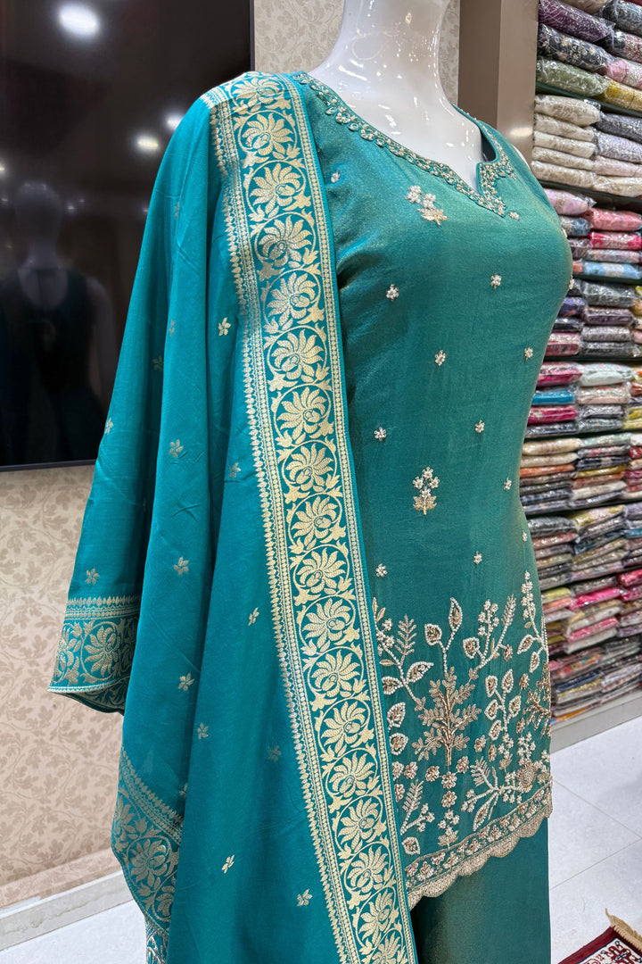 Rama Green Beads, Sequins and Zari work Palazzo Salwar Suit